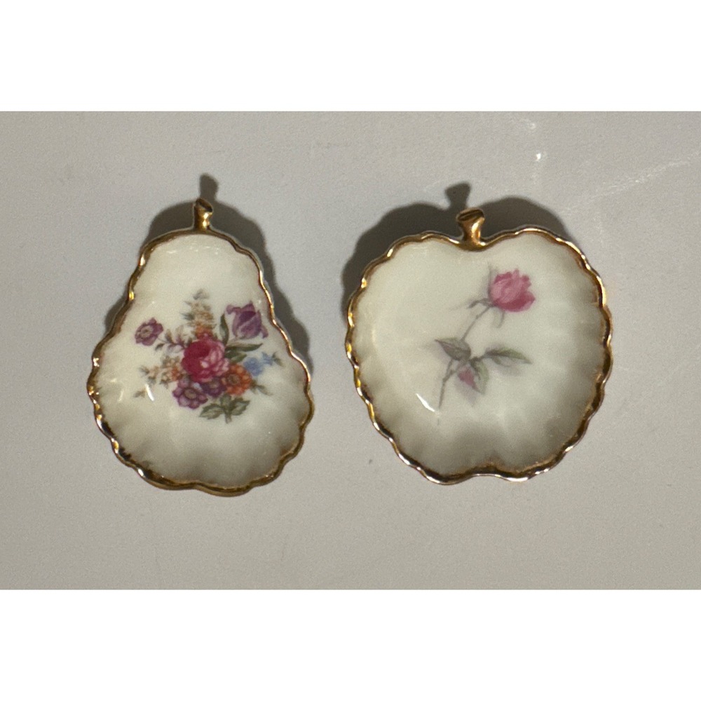 Lefton Pear/Apple Tea Bag Holder Trinket Dishes Floral & Gold Trim Japan MCM